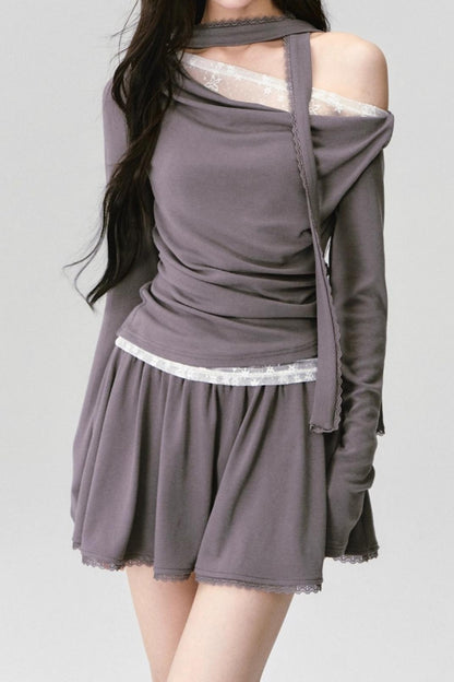 Green Lace Knit Top Skirt Set-Up