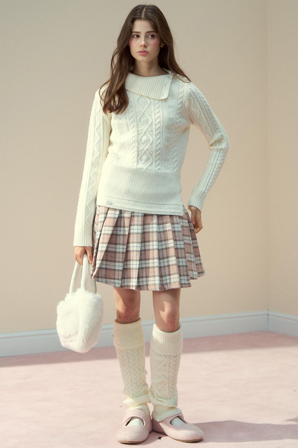 Pink Plaid Wool Pleated Skirt