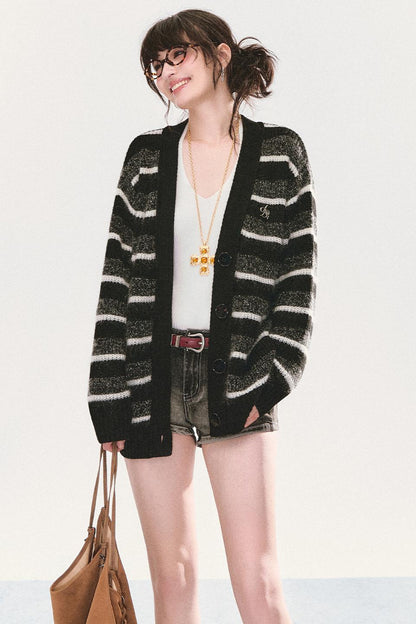 Mohair Striped V-Neck Knit Jacket