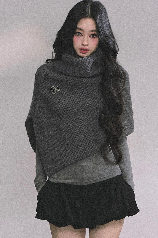 Lightweight Knit Shawl Turtleneck Sweater Set