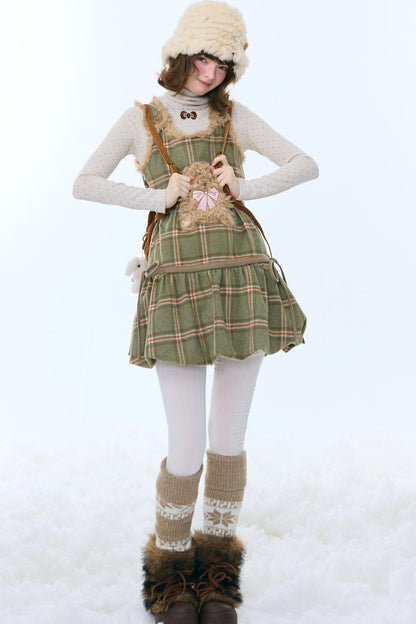 Green Plaid Teddy Vest Dress