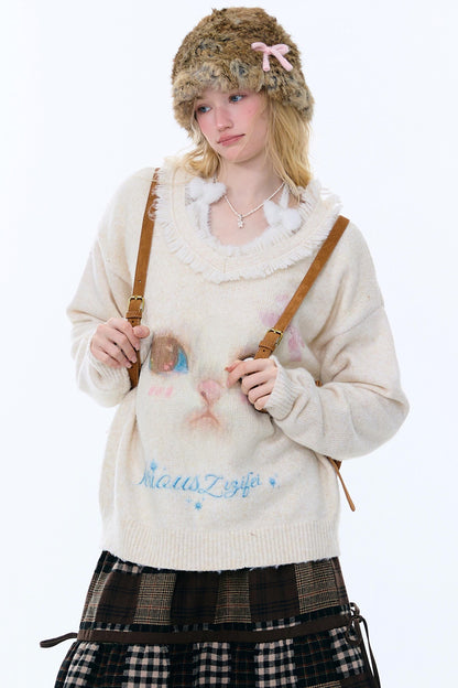 American Retro Cat Plush Sweater