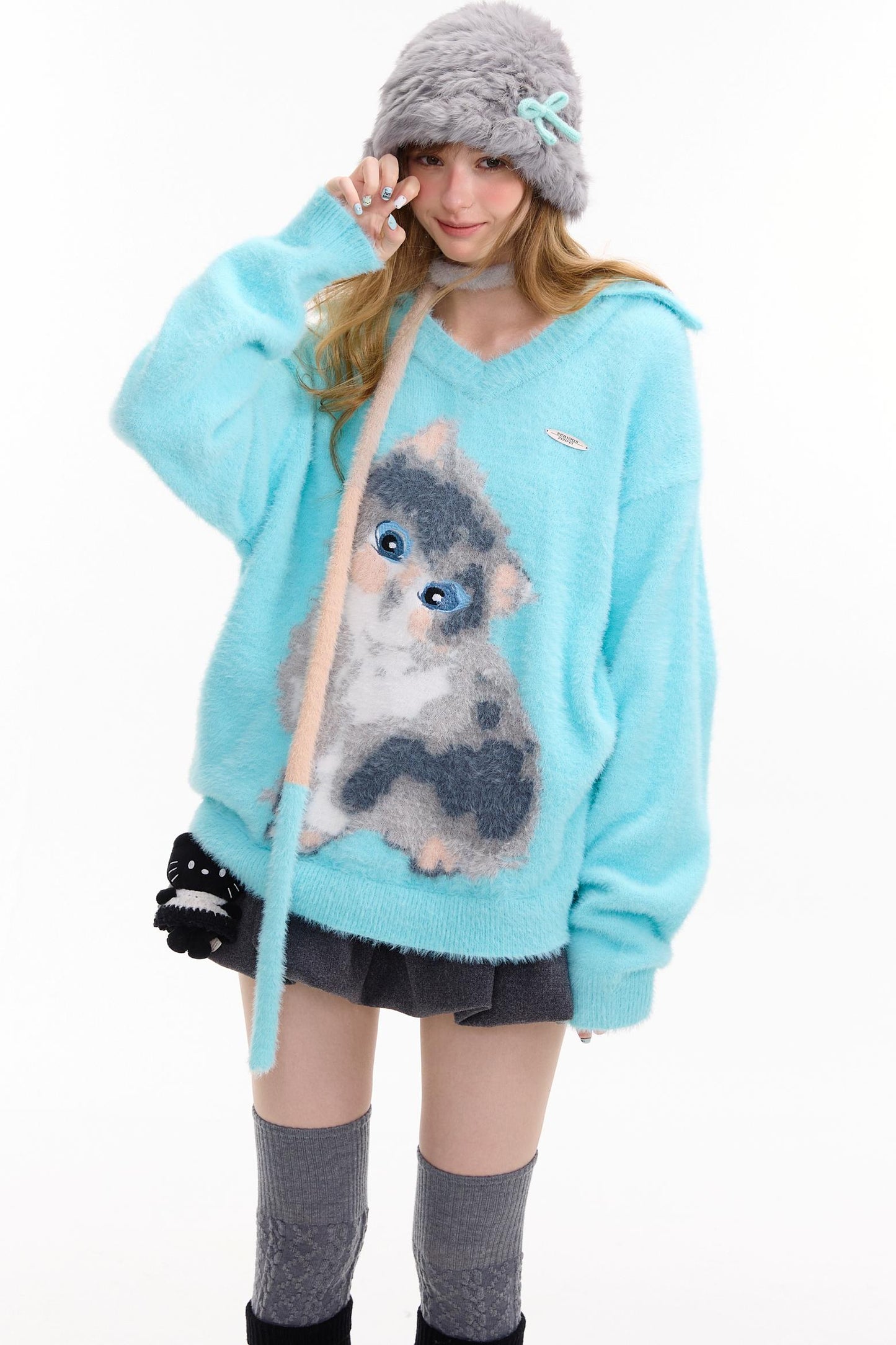 Cat Print V-Neck Polo Light Blue Sweater