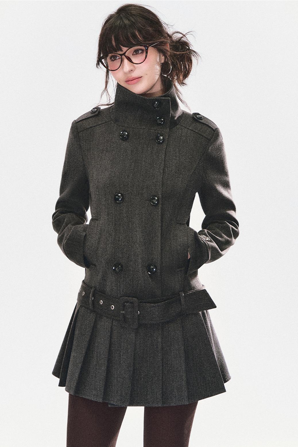 Stand Collar Pleated Coat Dress
