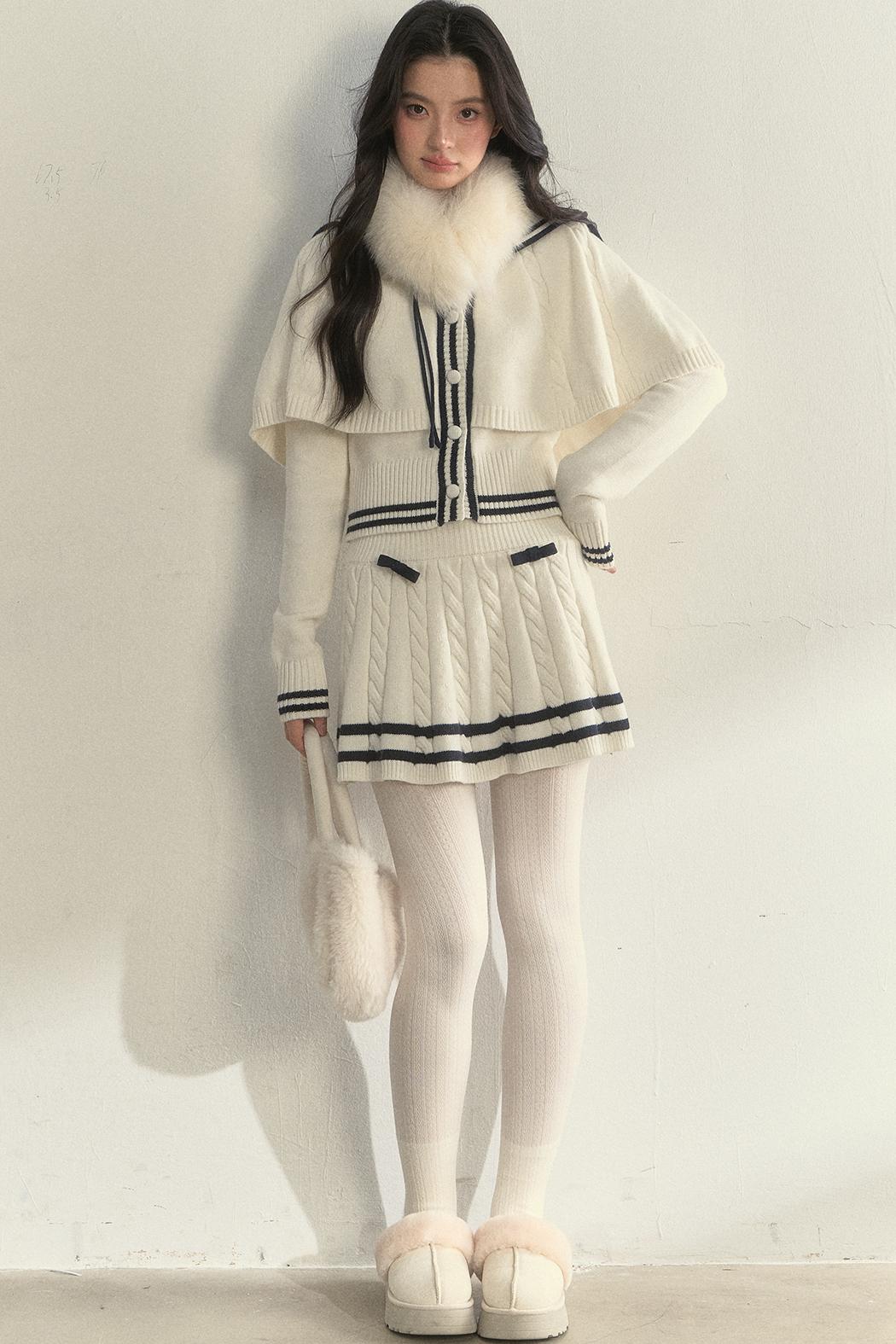 Vintage Navy Twist-Knit Cape Sweater Skirt Set-Up