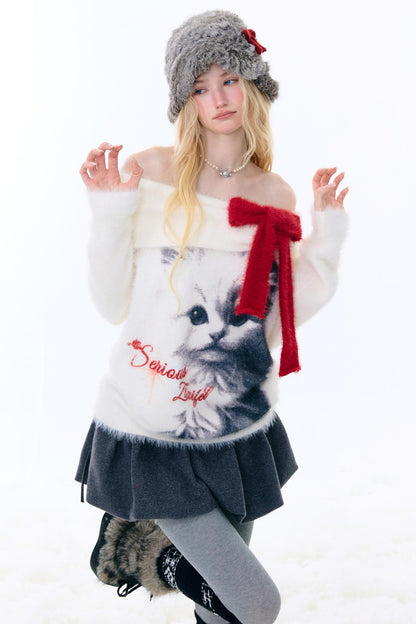 Cat Print Off-Shoulder Sweater