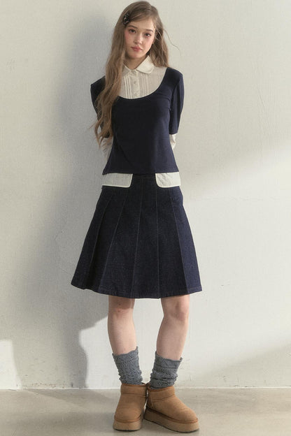 Retro Navy Blue Two-Piece Blouse