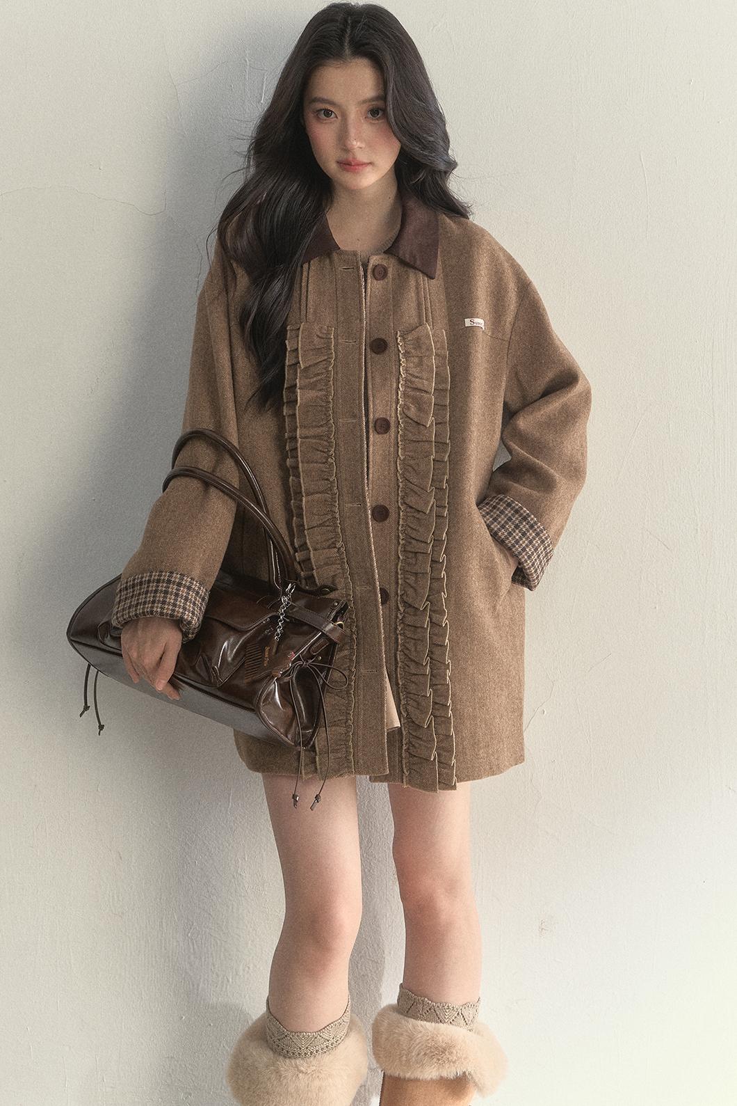Vintage Khaki Houndstooth Wool Coat
