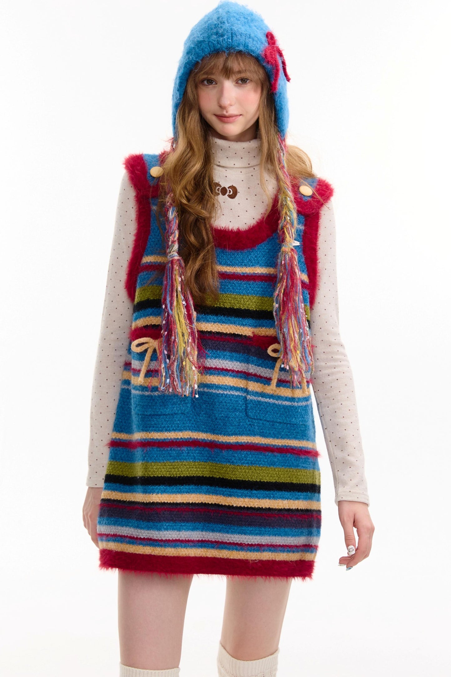 American Retro Striped Bow Knitted Vest Dress