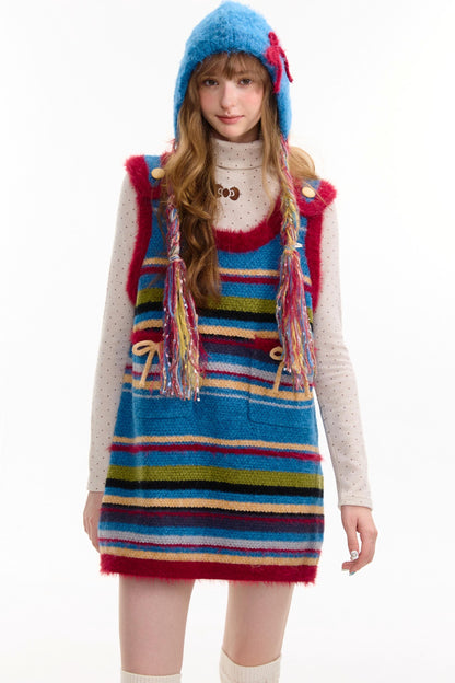 American Retro Striped Bow Knitted Vest Dress