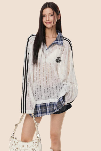 EZEK 아메리칸 레트로 스트라이프 스티칭 대비 약간 투명한 컷아웃 풀오버 스웨트셔츠 여성용 루즈 캐주얼 베이비 탑 타이드 