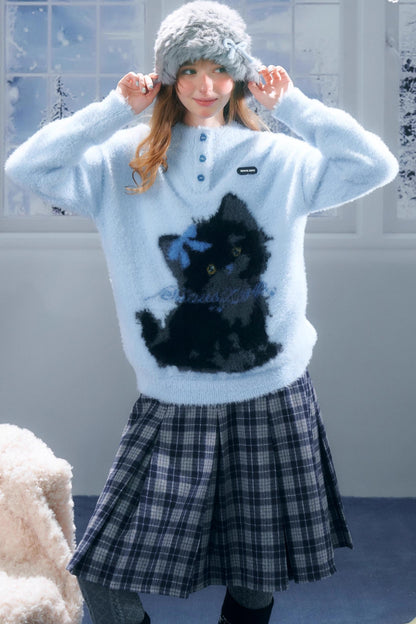 Blauer Katzendruck-Pullover