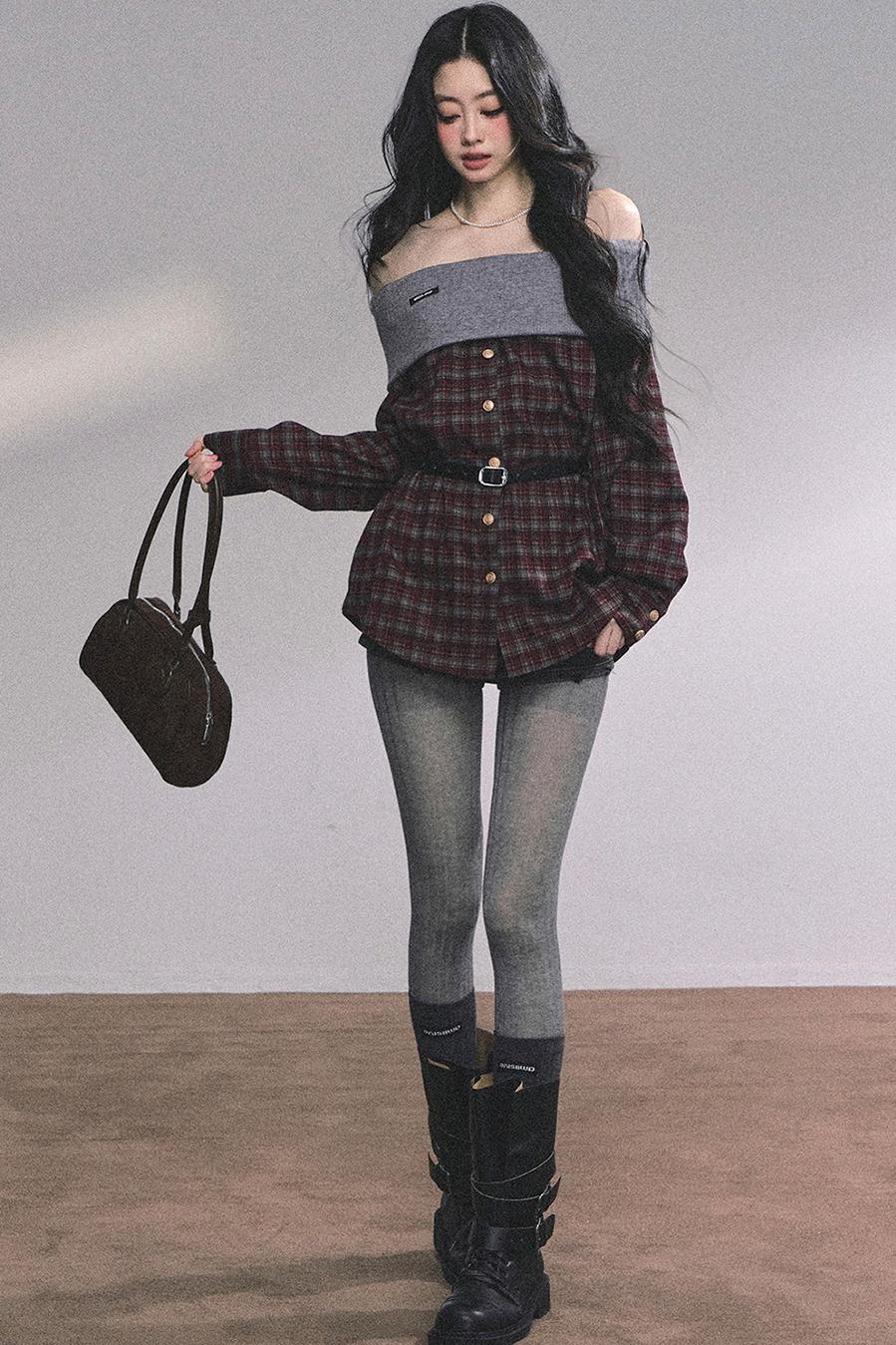 Autumn Waist Slimming Plaid Knit Top