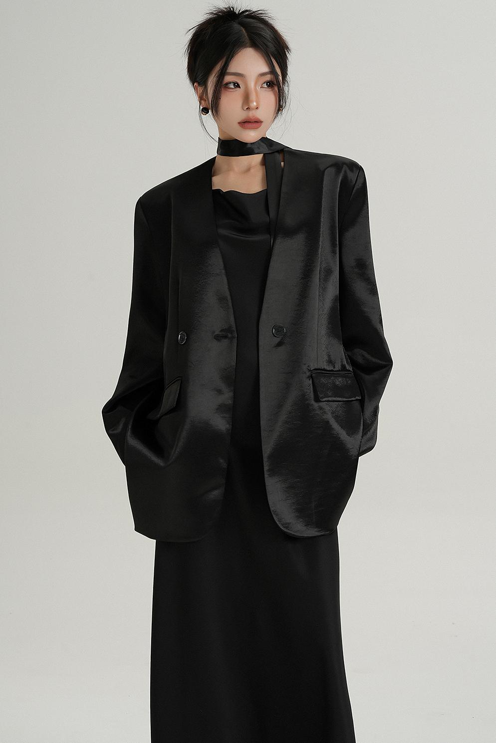 Glossy V-Neck Drape Jacket