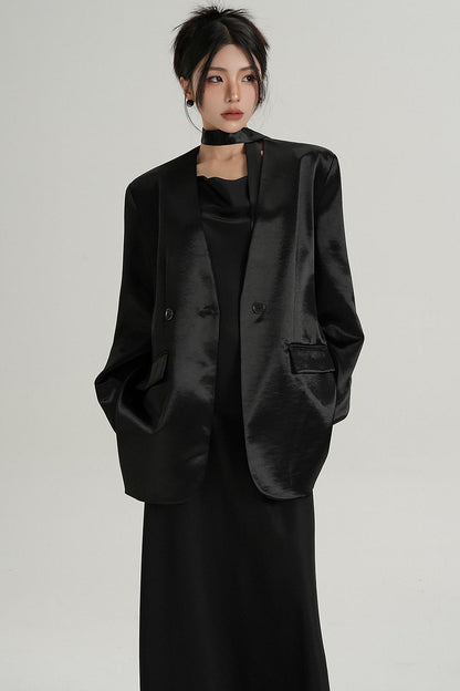 Glossy V-Neck Drape Jacket