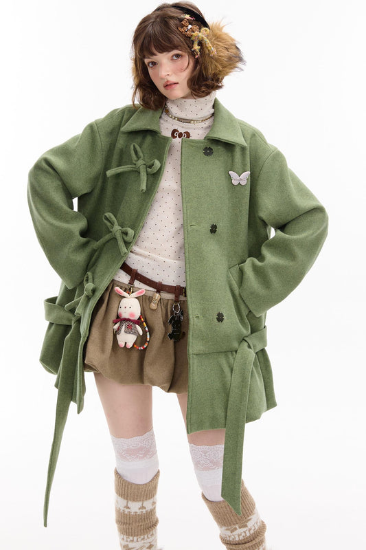 American Retro Bow Pocket Woolen Coat