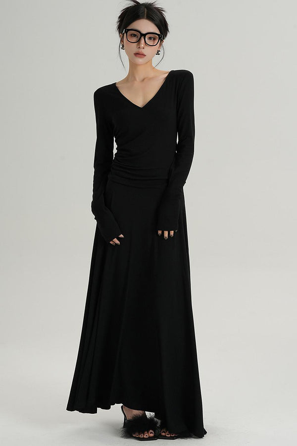 V-Neck Black Long Dress