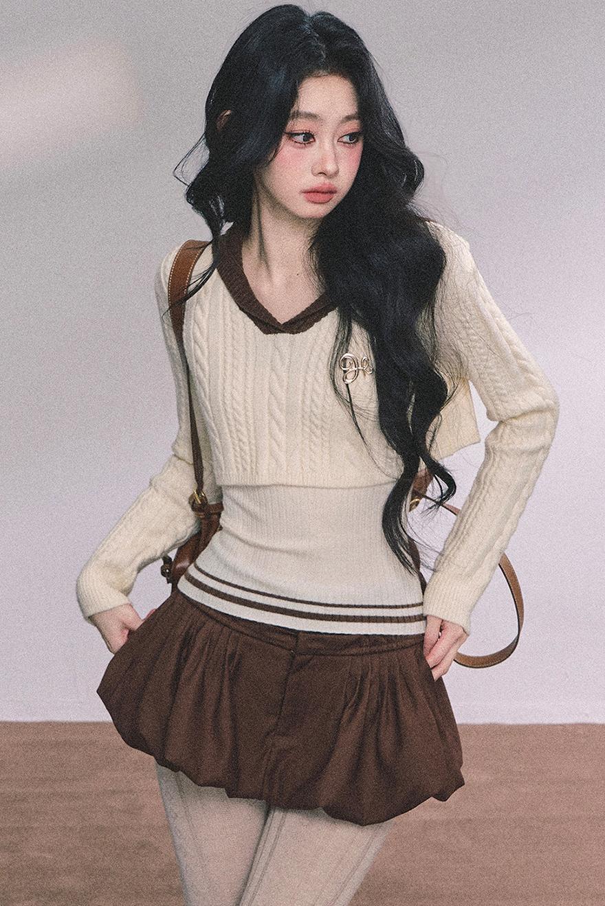 Navy Knitted Sweater Womens Top Set