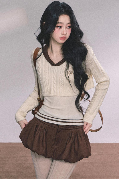 Navy Knitted Sweater Womens Top Set