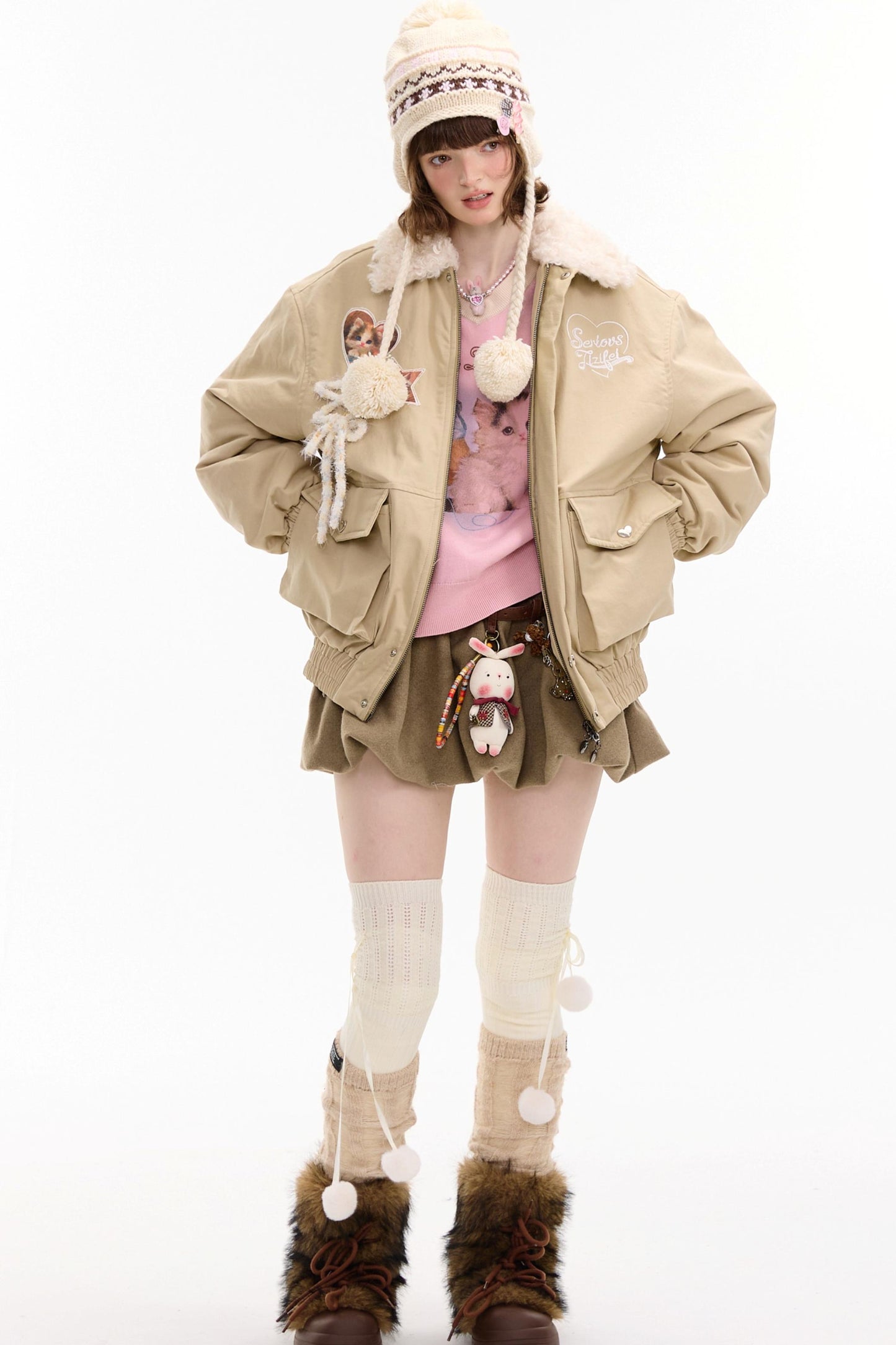 Cat Pattern Workwear Style Slimming Cotton Jacket