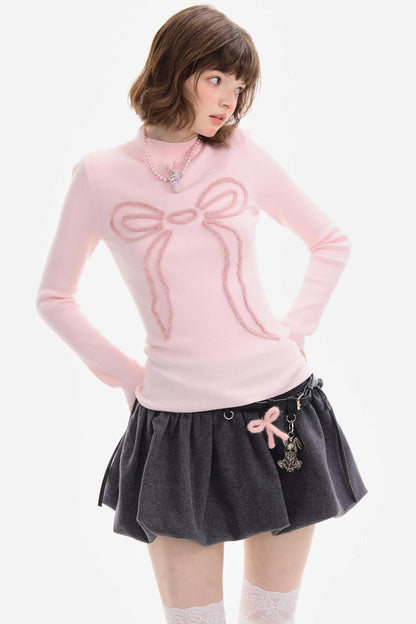 Autumn Bow Slim Knit Shirt