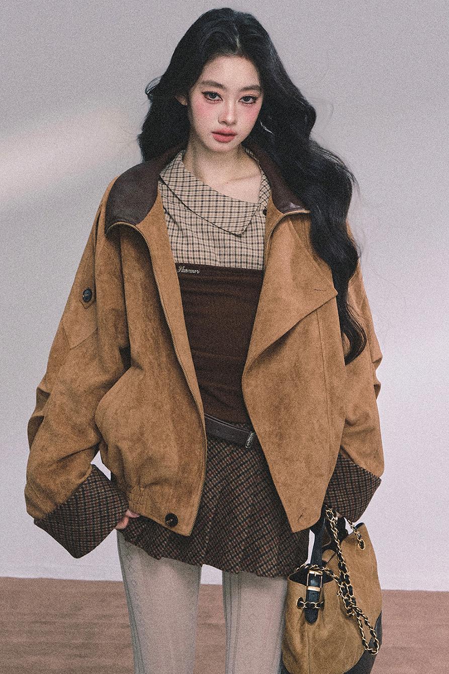 Knitted Long-Sleeved Plaid Top