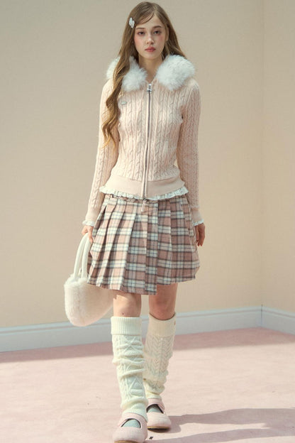 Milk Powder Fur Collar Knit Jacket