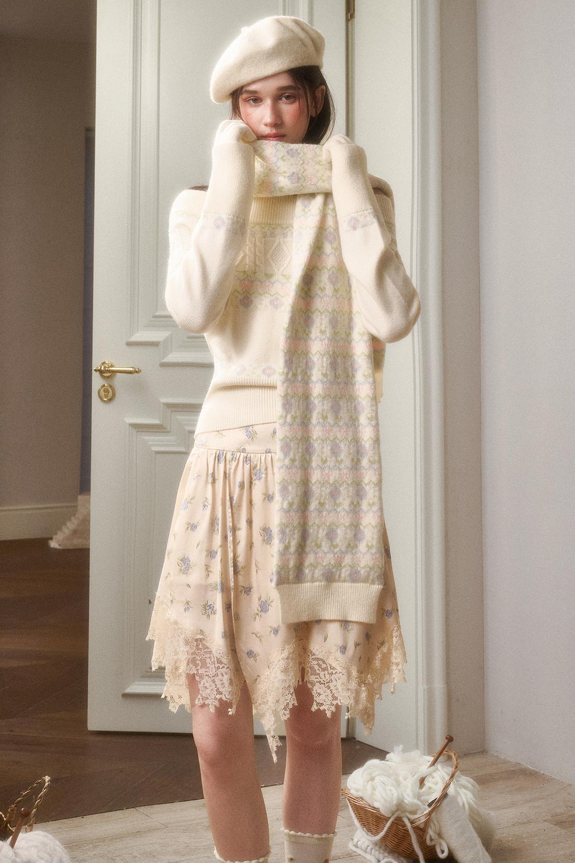 Waxy Cotton Sweater And Floral Skirt Set-Up