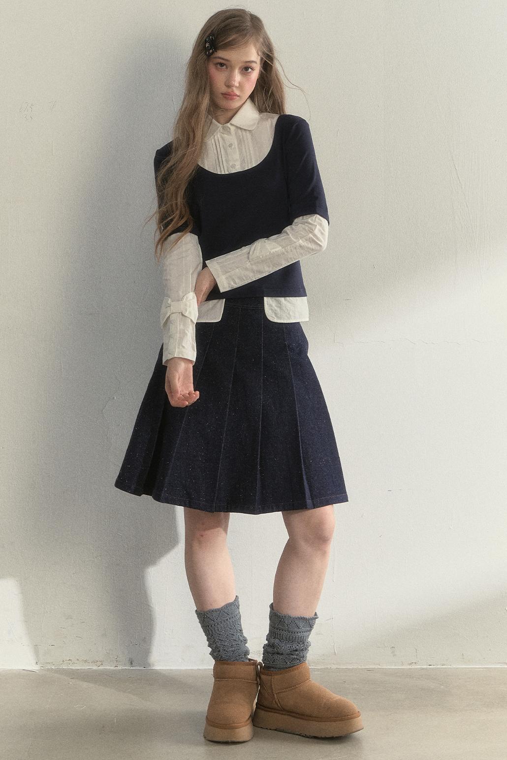 Retro Navy Blue Two-Piece Blouse