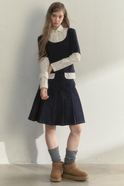 Retro Navy Blue Two-Piece Blouse