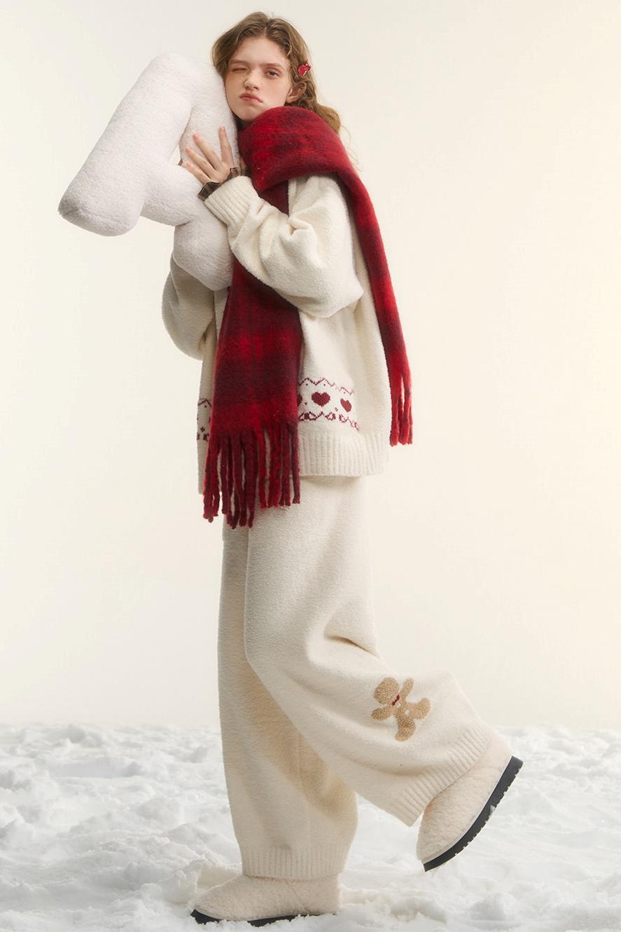 Asgony Vintage Wool Blend Red Plaid Scarf