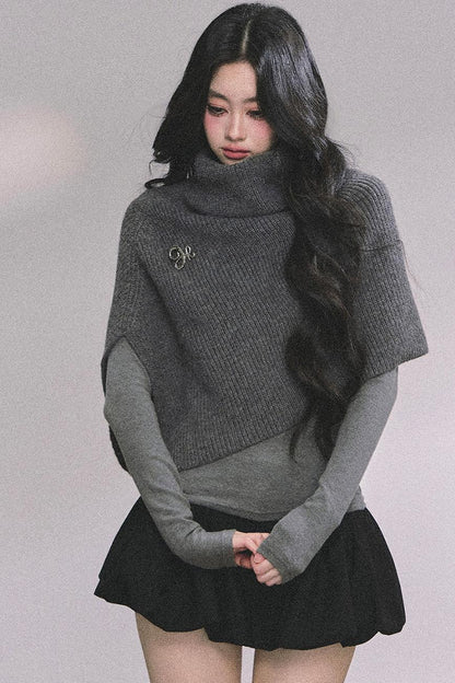 Lightweight Knit Shawl Turtleneck Sweater Set