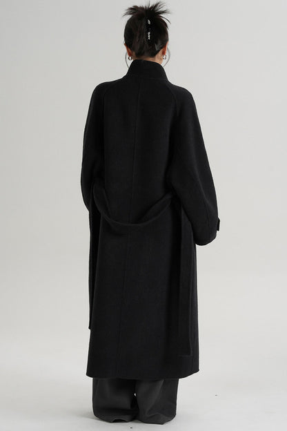 Temperament Diagonal Buckle Wool Coat