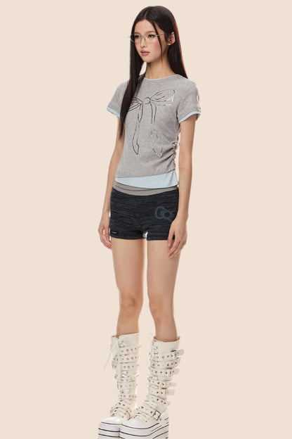 EZEK 아메리칸 3D 활 프린트 반팔 티셔츠 여성 여름 신상 베이비 주름 가짜 투피스 탑 타이드 