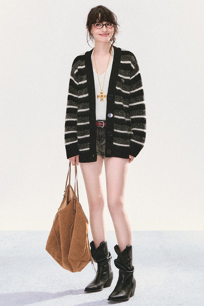 Mohair Striped V-Neck Knit Jacket