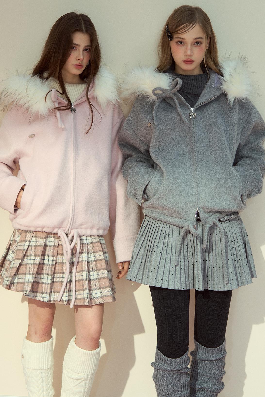 Gray Pink Wool Fur Collar Jacket