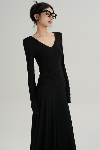 브이넥 블랙 롱 드레스 