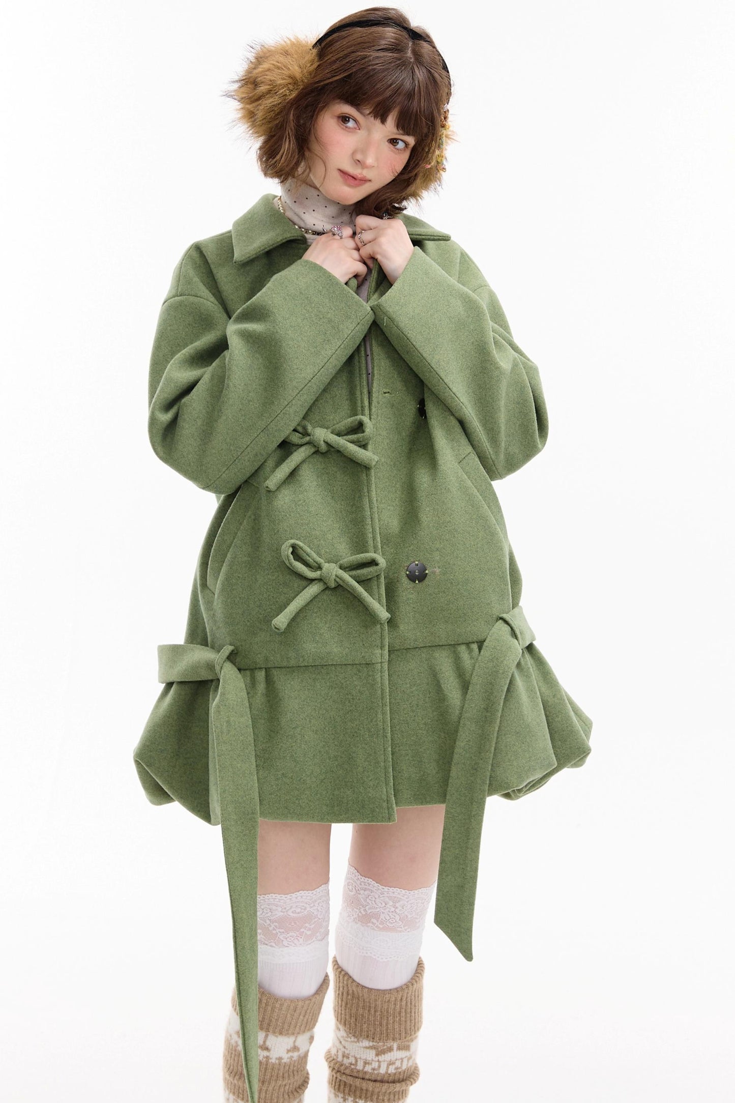 American Retro Bow Pocket Woolen Coat