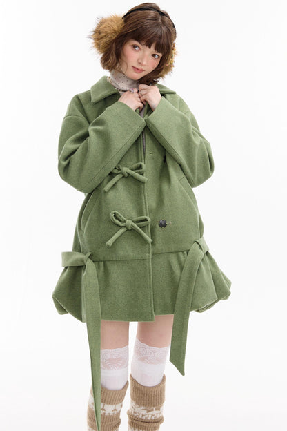 American Retro Bow Pocket Woolen Coat