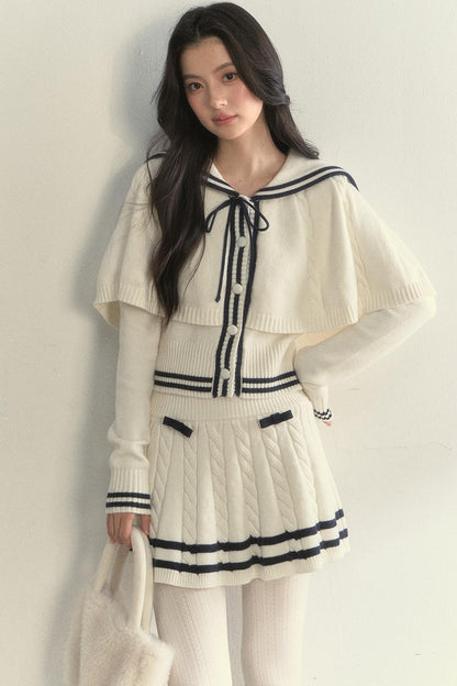 Vintage Navy Twist-Knit Cape Sweater Skirt Set-Up
