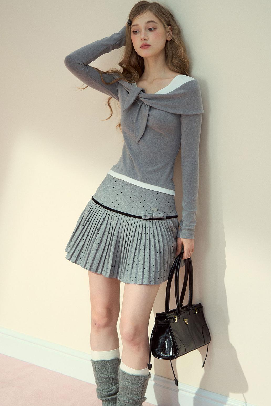 Gray Wool Polka Dot Pleated Skirt