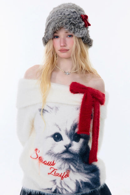 Cat Print Off-Shoulder Sweater