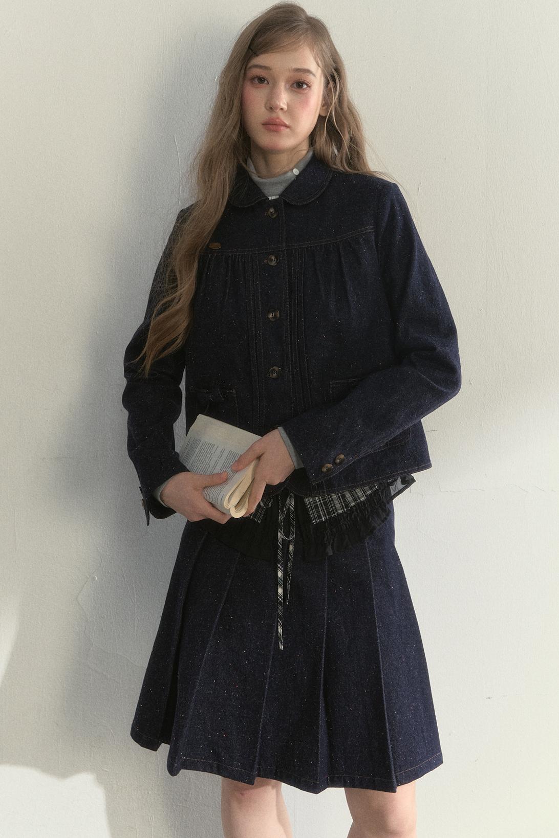 Vintage Dot Denim Pleated Jacket Skirt Set-Up