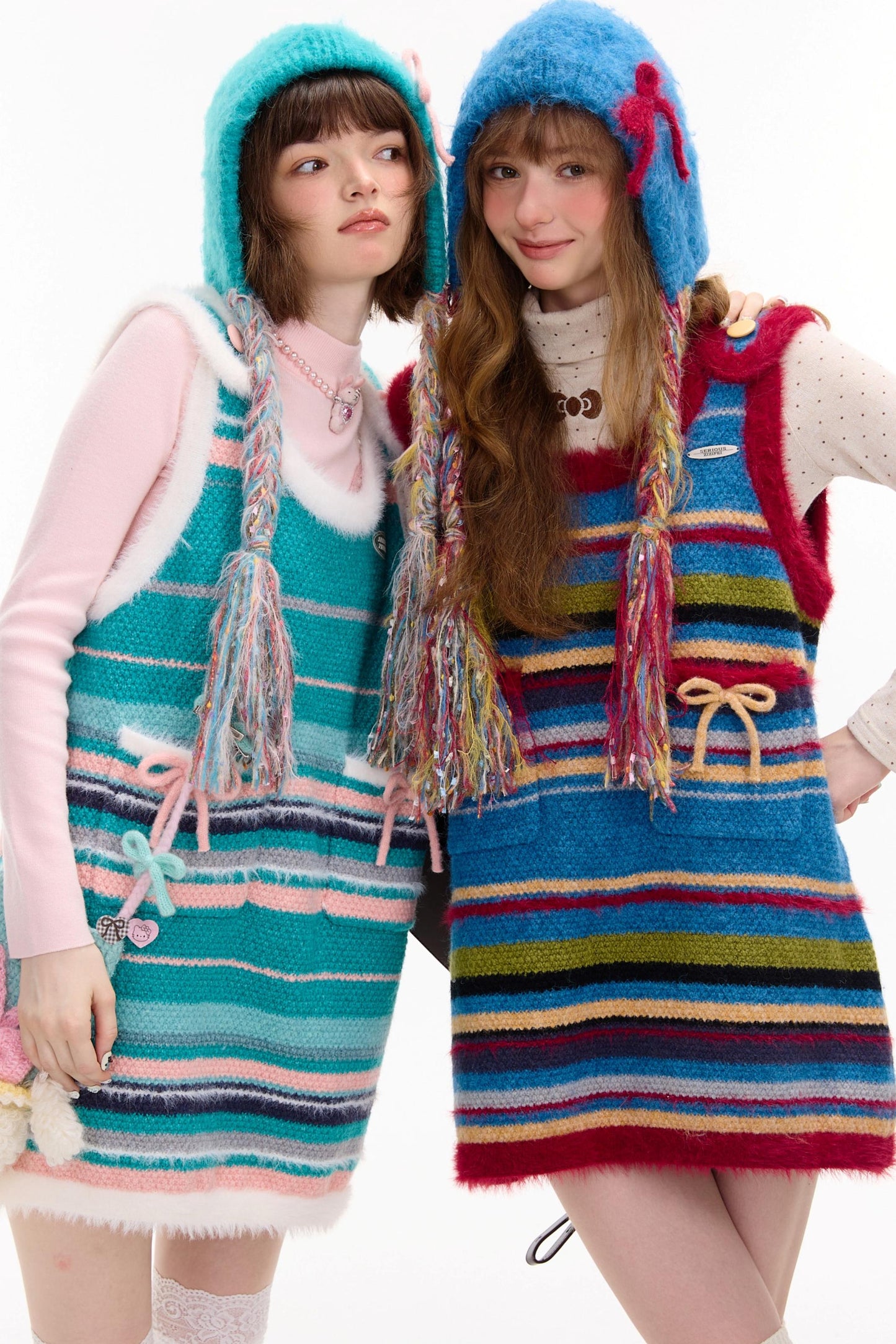 American Retro Striped Bow Knitted Vest Dress