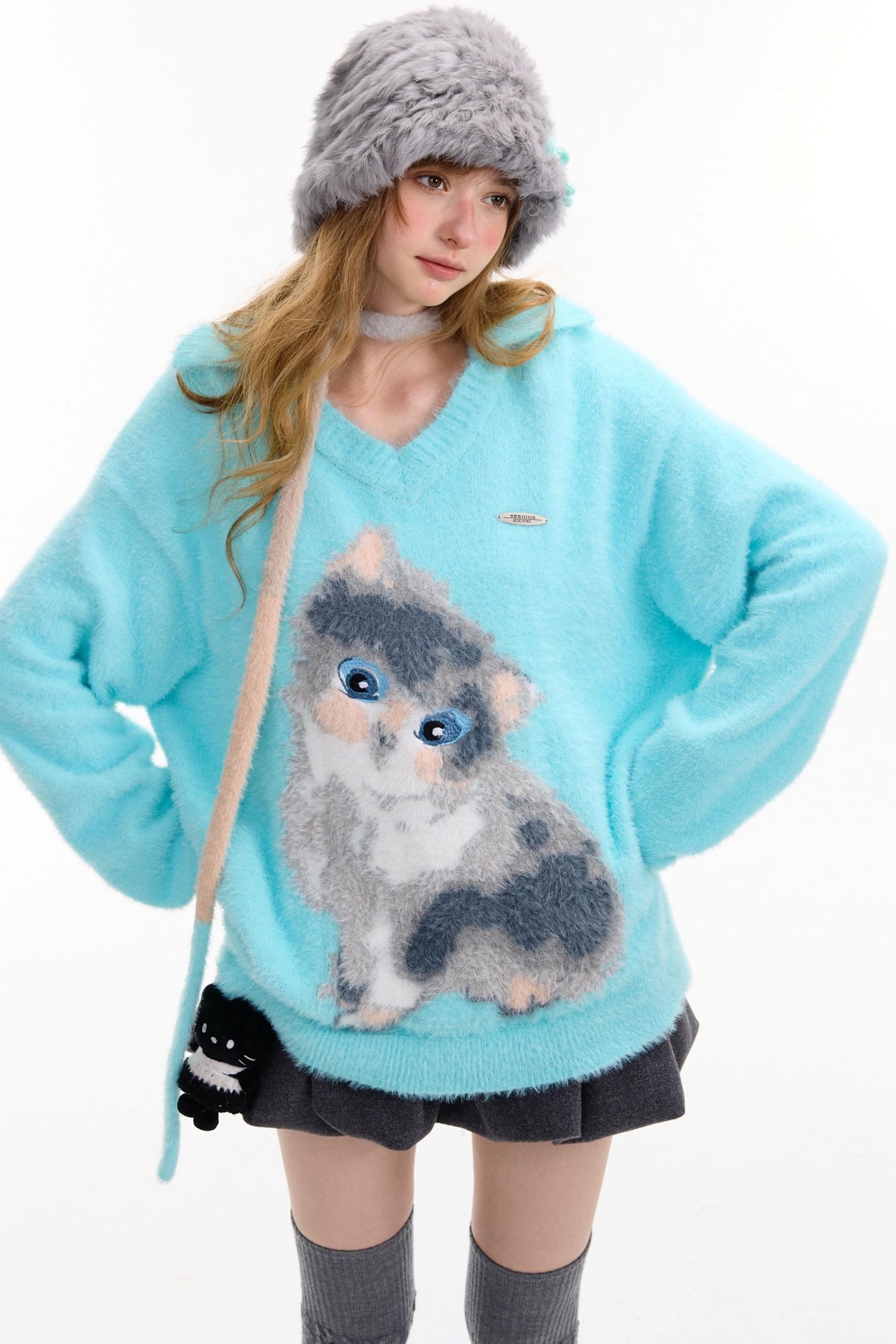 Cat Print V-Neck Polo Light Blue Sweater
