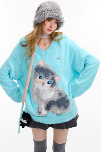 Cat Print V-Neck Polo Light Blue Sweater