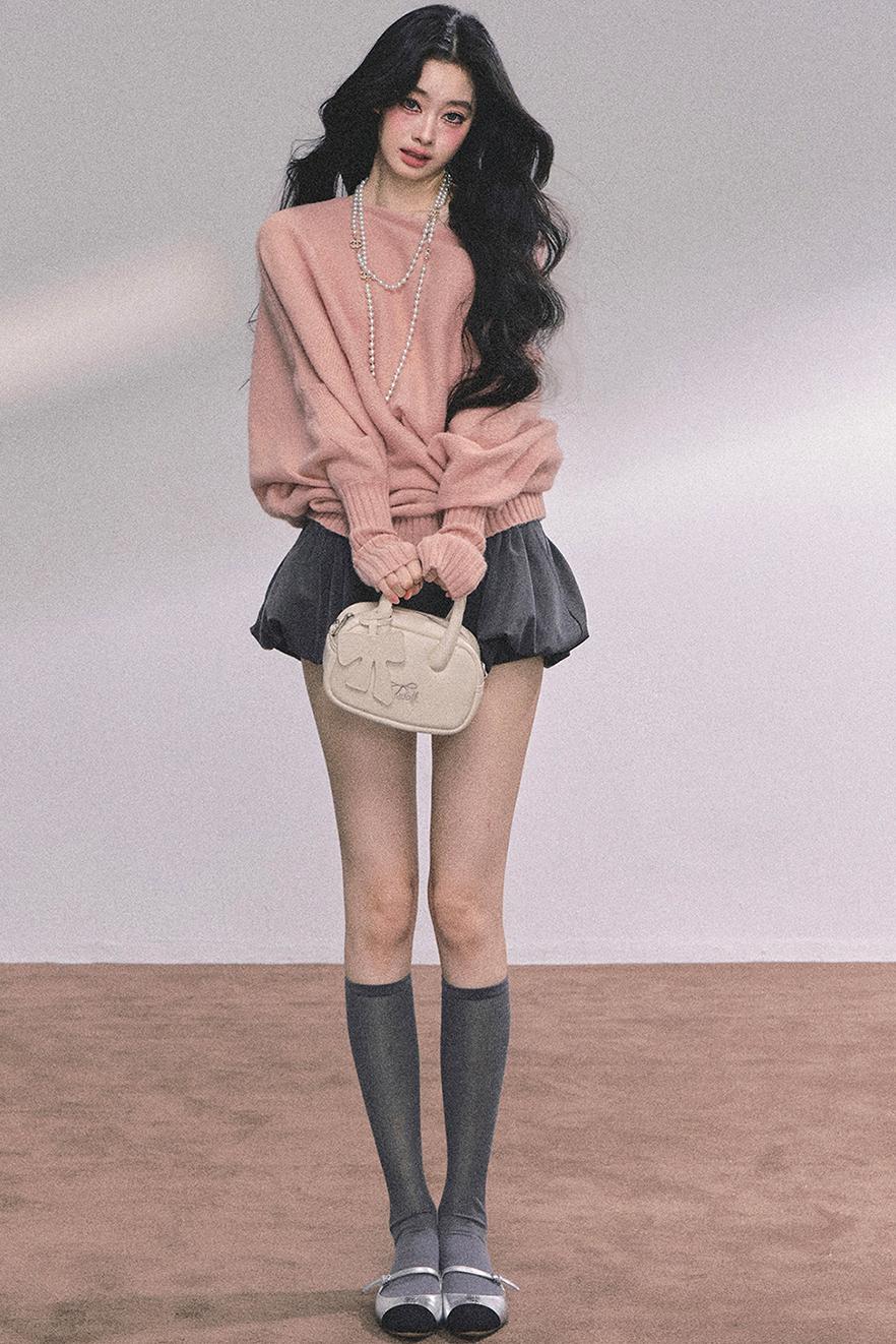 Soft Slanted Shoulder Knitted Sweater