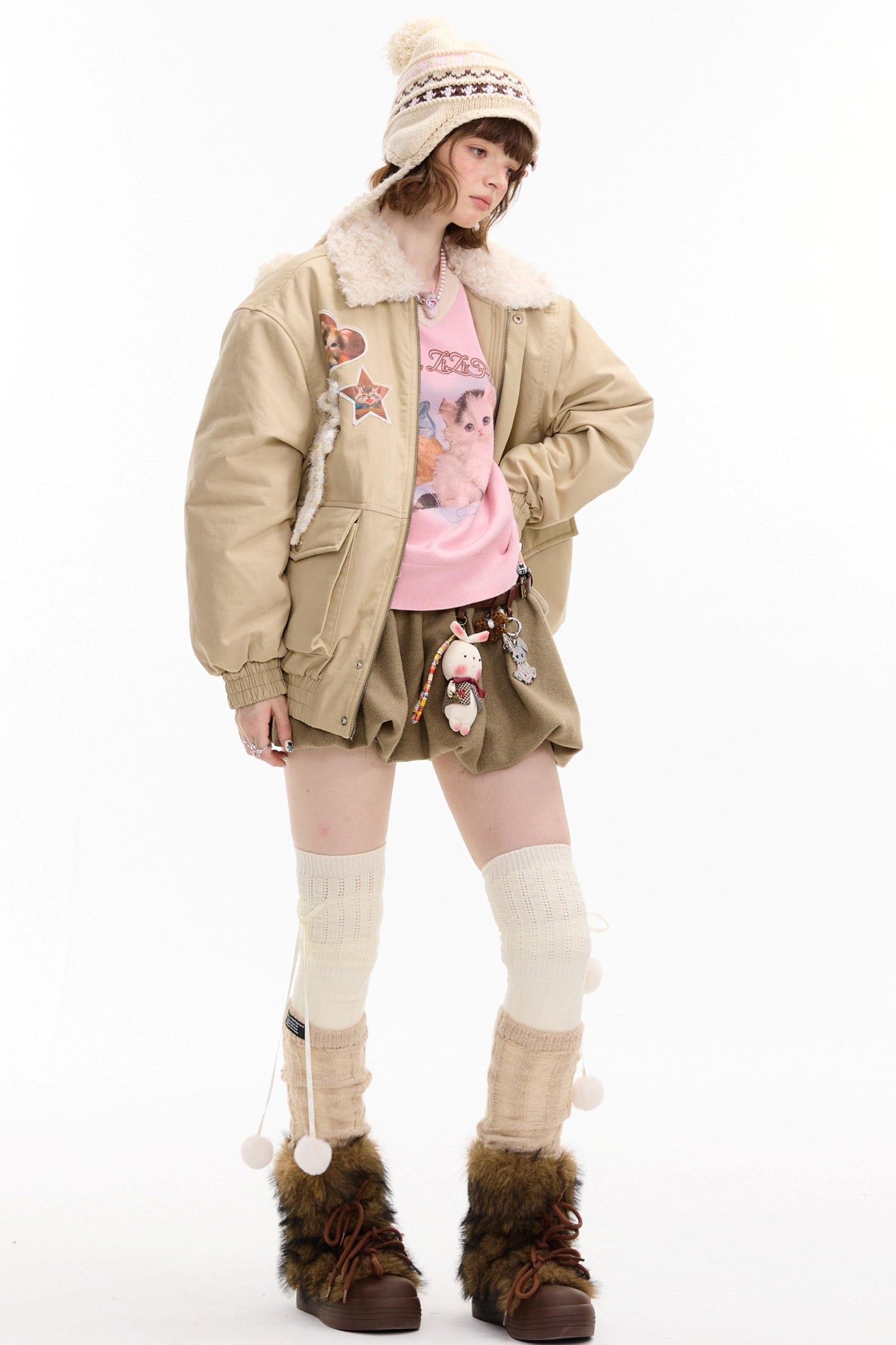 Cat Pattern Workwear Style Slimming Cotton Jacket