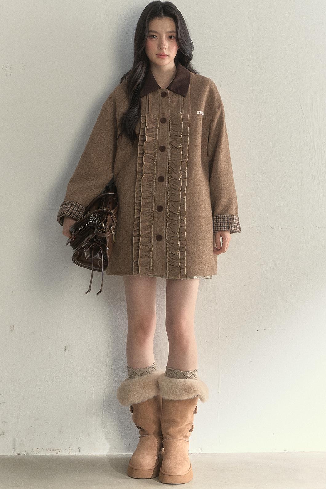 Vintage Khaki Houndstooth Wool Coat