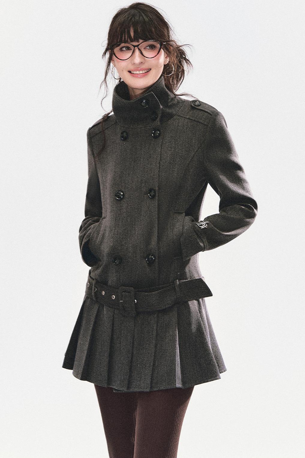 Stand Collar Pleated Coat Dress